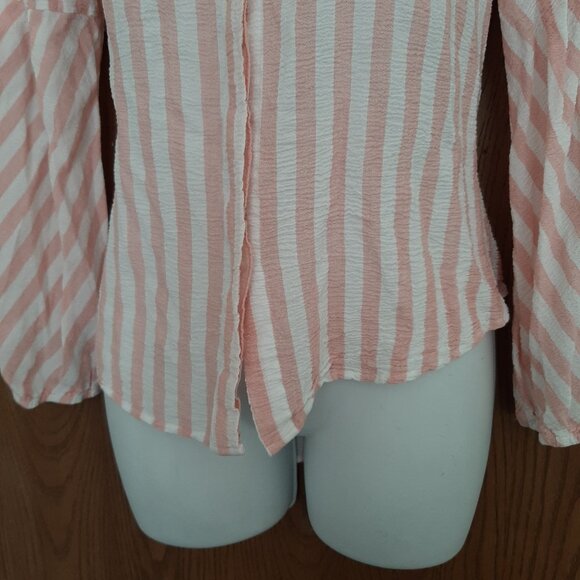 Chico's Pink White Stripe Lyocell Button Down Top Size 0 (4/6) Elastic Sleeves - Picture 5 of 6